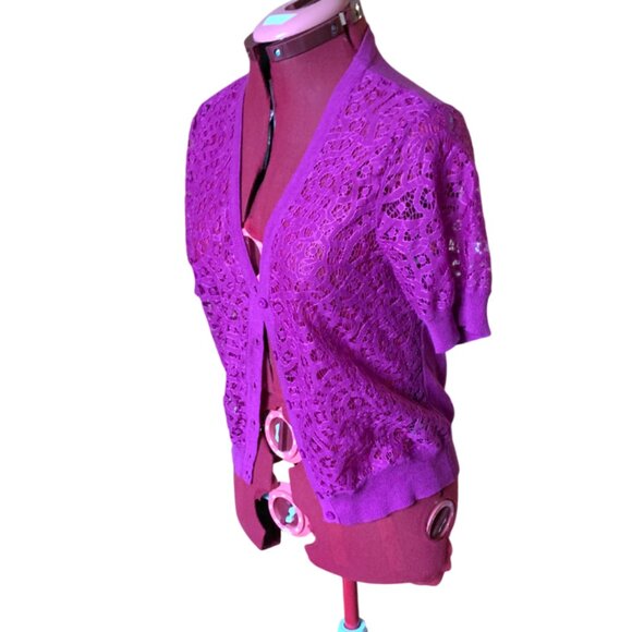 JESSICA - Magenta short-sleeved cardigan - open lace knit fabric - Medium - Picture 3 of 7